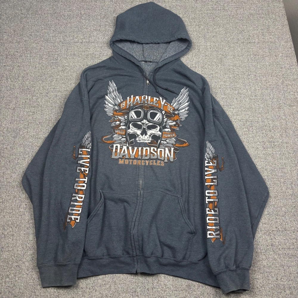 Harley Davidson Hoodie Mens 2XL Zip Up Charcoal Gray Skull Duluth MN Sleeve Hits